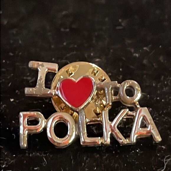 Vintage-1970s-gold tone & red enamel “I love to Polka” hat/lapel pin/tie tack - Picture 4 of 11
